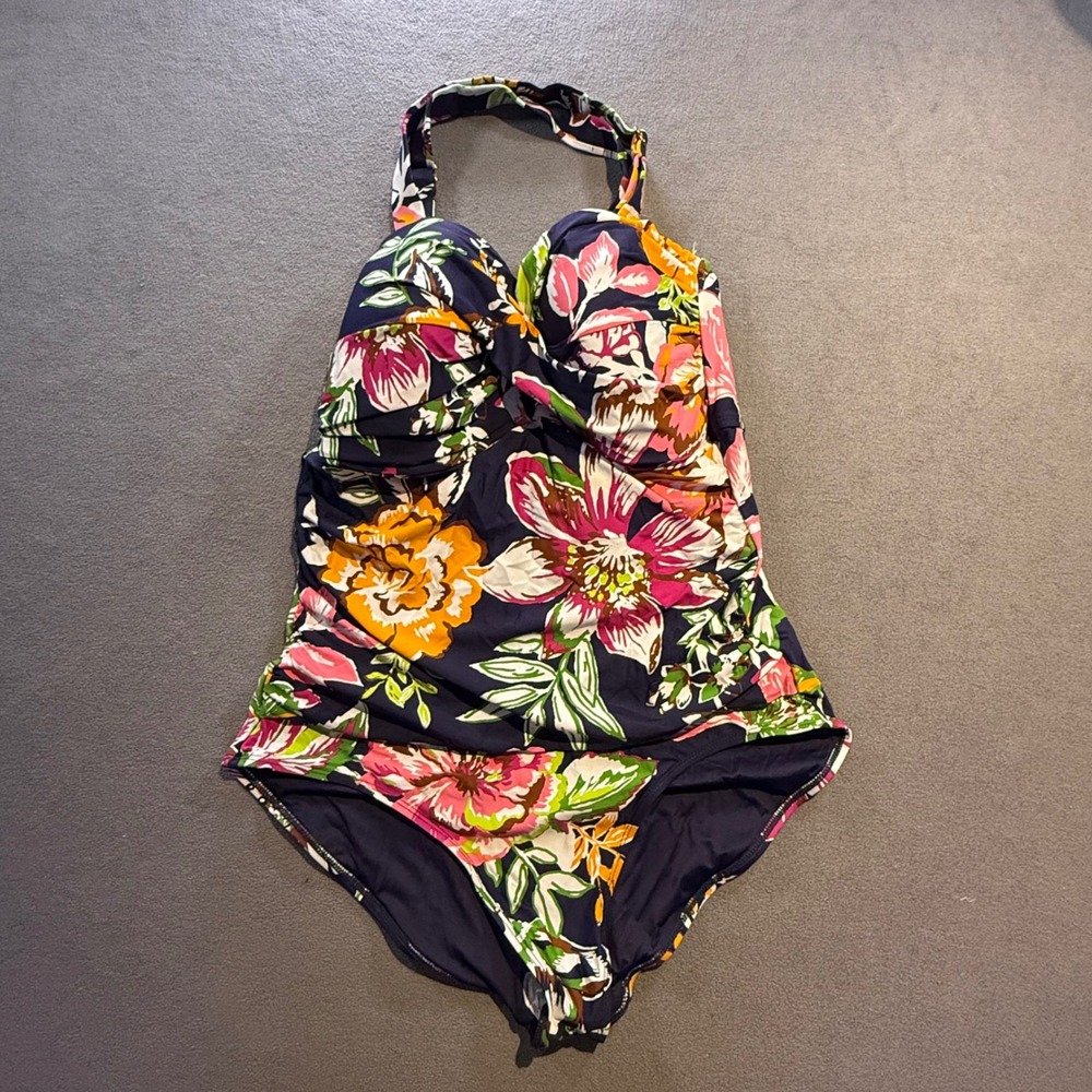 Anne Cole Asymmetric Floral One Piece Swimsuit Teal Pink 18W NEW